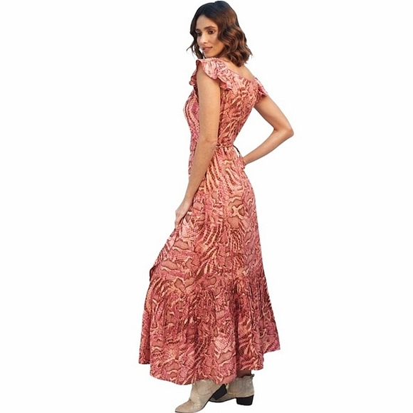 Anthropologie pink snake print wrap maxi dress sz M flutter sleeve - Picture 2 of 3